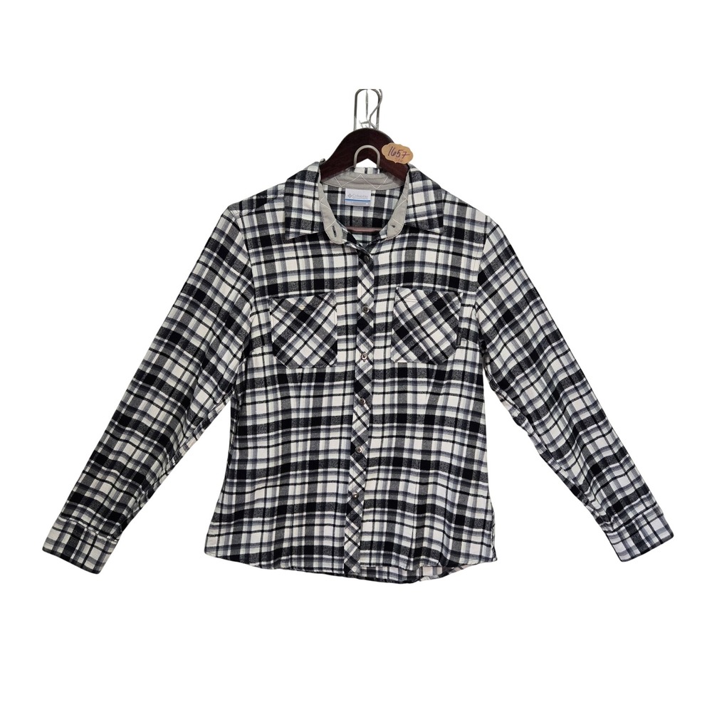 Columbia Womens Black White Plaid Flannel Button Down Shirt Size M Long Sleeve